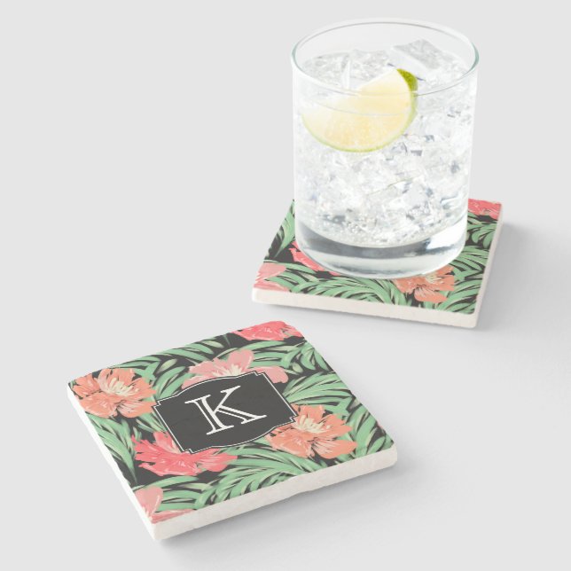 Tropical Watercolor Botanical with Monogram Stone Coaster (Side)