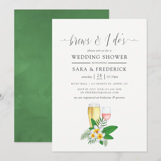Tropical Watercolor Brews Before The I Do's Invitation (Front/Back)