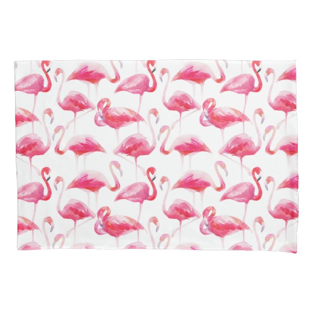 Tropical Watercolor Bright Pink Flamingo Pattern Pillowcase (Front)