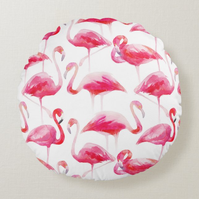 Tropical Watercolor Bright Pink Flamingo Pattern Round Cushion (Front)