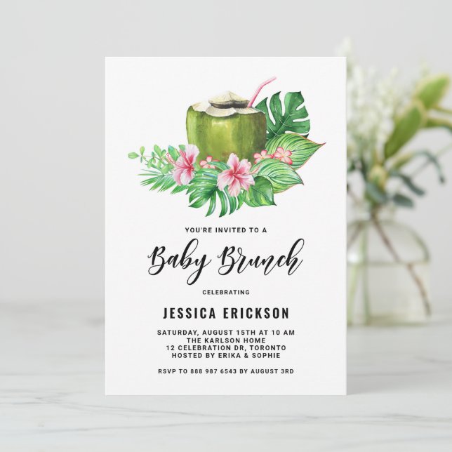 Tropical Watercolor Coconut Summer Baby Brunch  Invitation (Standing Front)
