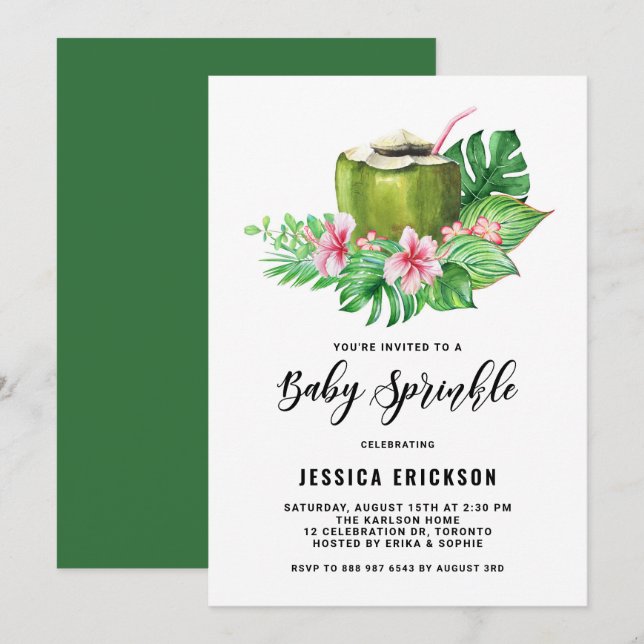 Tropical Watercolor Coconut Summer Baby Sprinkle Invitation (Front/Back)