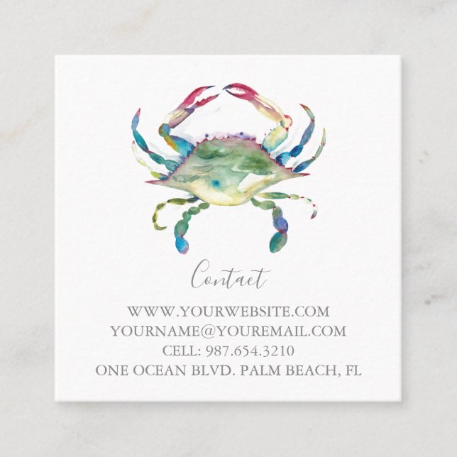 Tropical Watercolor Crab Square Business Card (Front)