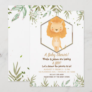 Tropical Watercolor Cute Lion Boys Baby Shower Invitation