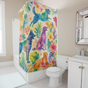 Tropical Watercolor Dogs Shower Curtain