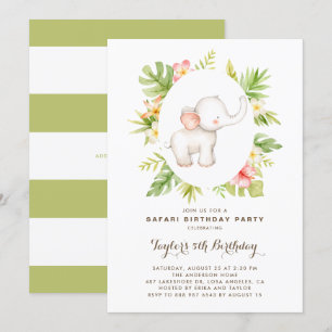Tropical Watercolor Elephant Safari Kids Birthday Invitation