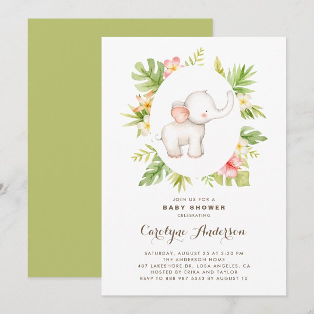 Tropical Watercolor Elephant Summer Baby Shower Invitation (Front/Back)