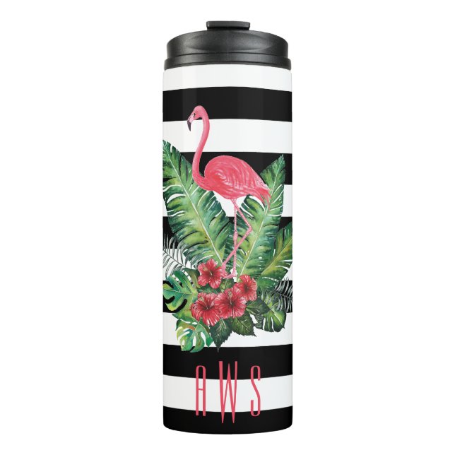 Tropical Watercolor Flamingo and flowers stripes Thermal Tumbler (Front)