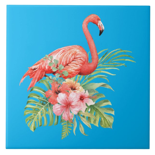 Tropical Watercolor Flamingo & Flowers Tile (Front)