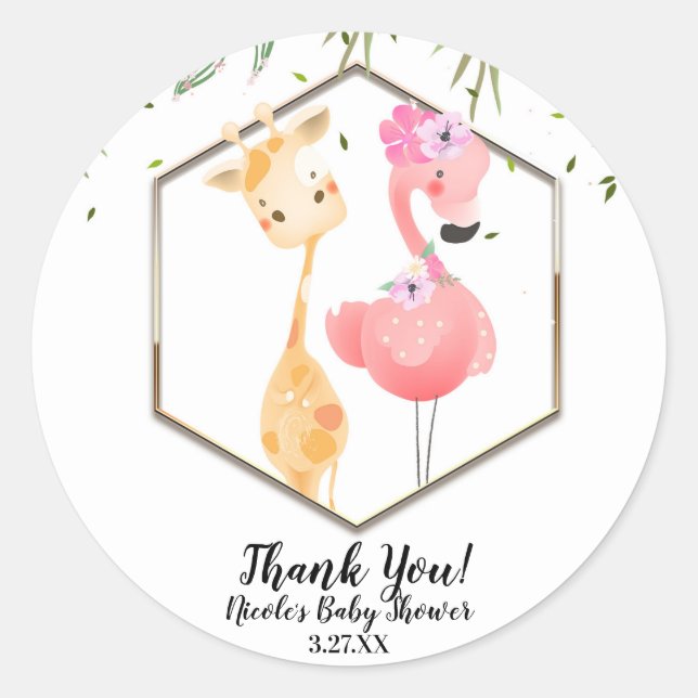Tropical Watercolor Flamingo & Giraffe Baby Shower Classic Round Sticker (Front)