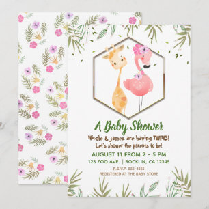 Tropical Watercolor Flamingo & Giraffe Baby Shower Invitation