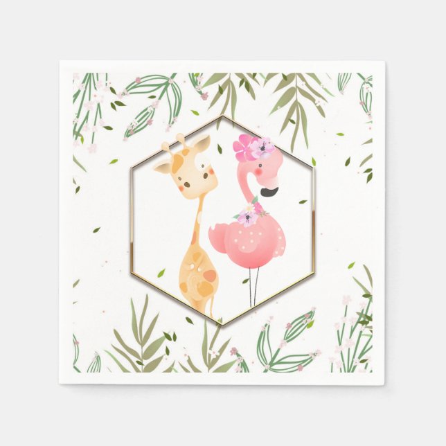 Tropical Watercolor Flamingo & Giraffe Baby Shower Napkin (Front)
