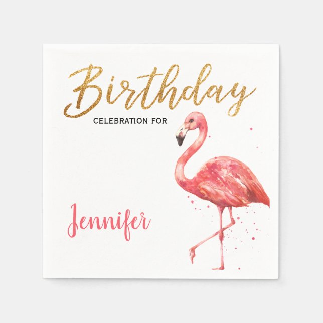 Tropical Watercolor Flamingo Glitter Birthday | Napkin (Front)