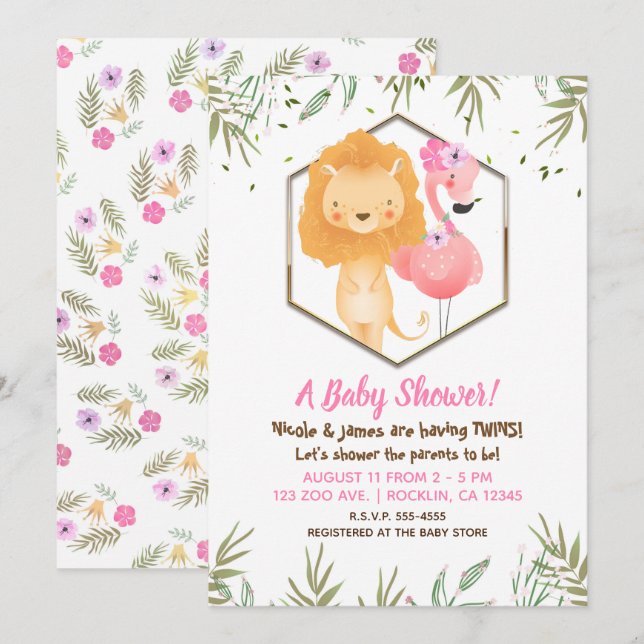 Tropical Watercolor Flamingo & Lion Baby Shower Invitation (Front/Back)