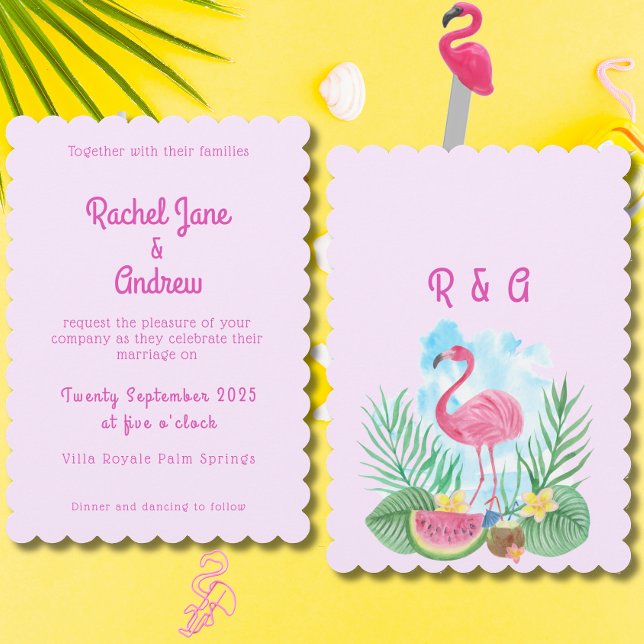 Tropical Watercolor Flamingo Pink Palm Wedding  Invitation (Tropical Watercolor Flamingo Pink Palm Wedding Invitation)