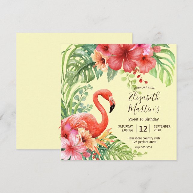Tropical Watercolor Flamingos & Hibiscus Birthday Invitation (Front/Back)