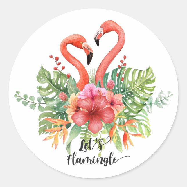 Tropical Watercolor Flamingos & Hibiscus Pun Classic Round Sticker (Front)