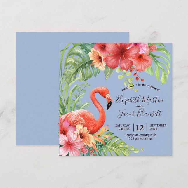 Tropical Watercolor Flamingos & Hibiscus Wedding Invitation (Front/Back)