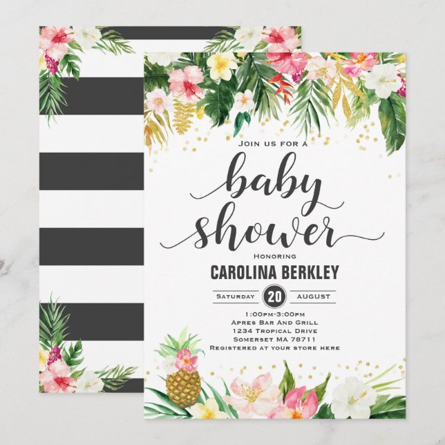 Tropical Watercolor Floral Baby Shower Invitation (Front/Back)