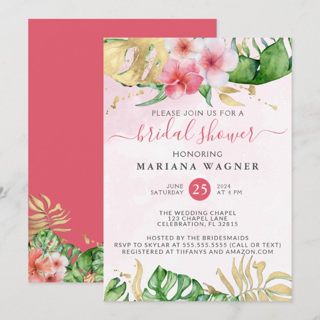 Tropical Watercolor Floral Bridal Shower Invitation (Front/Back)