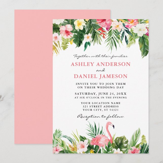 Tropical Watercolor Floral Flamingo Wedding Pink Invitation (Front/Back)