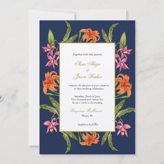  Tropical Watercolor Floral Navy Blue Wedding  Invitation (Front)
