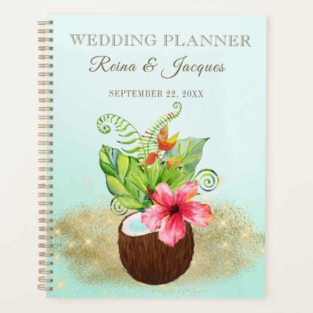 Tropical Watercolor Floral Palms Coconut Wedding Planner (Front)