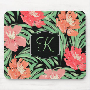 Tropical Watercolor Floral Pattern with Monogram Mouse Mat