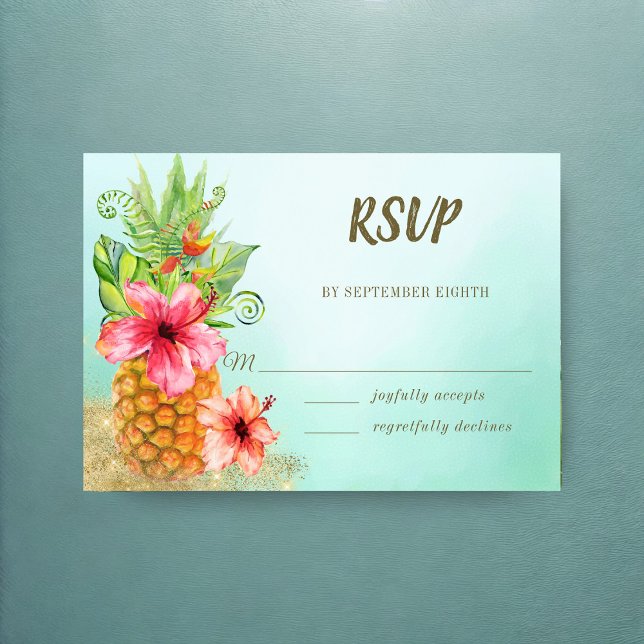 Tropical Watercolor Floral Pineapple Wedding RSVP Card (Creator Uploaded)