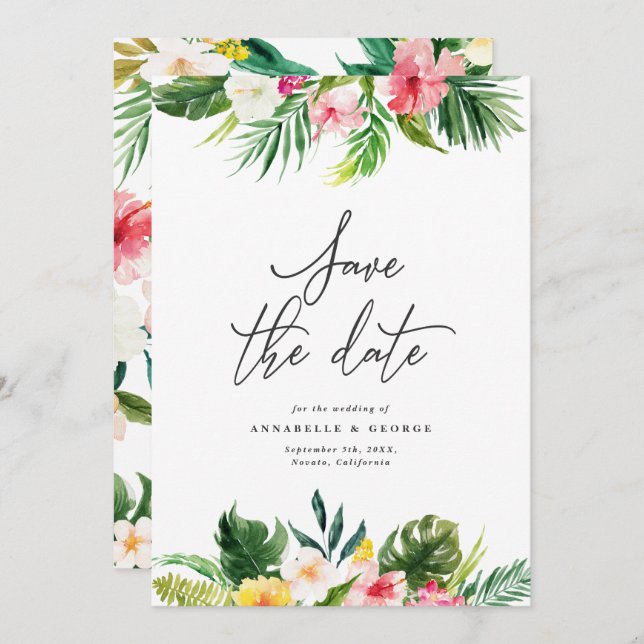 Tropical watercolor floral save the date (Front/Back)