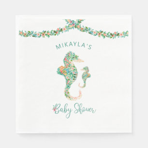 Tropical Watercolor Floral Seahorse Baby Shower Napkin