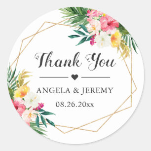 Tropical Watercolor Floral Wedding Favour Thank Yo Classic Round Sticker
