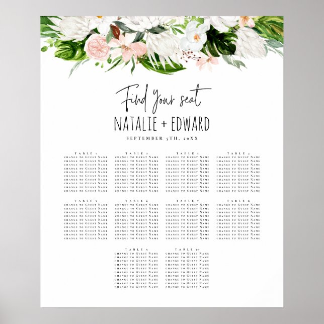 Tropical watercolor floral wedding seating plan poster (Front)