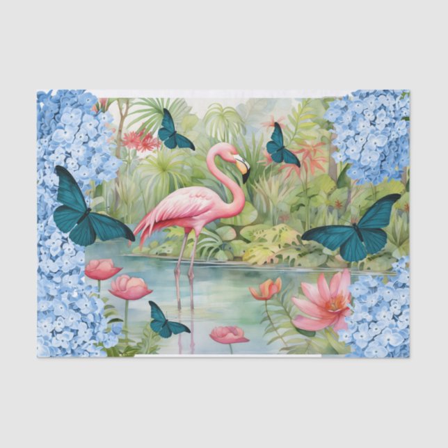 Tropical Watercolor Florals Flamingo & Butterflies Tissue Paper (Front)