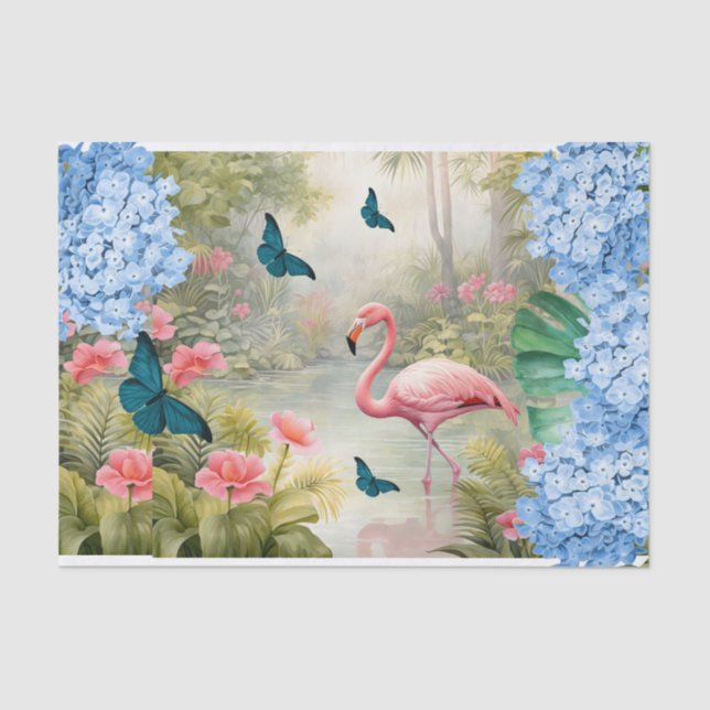 Tropical Watercolor Florals Flamingo & Butterflies Tissue Paper (Front)