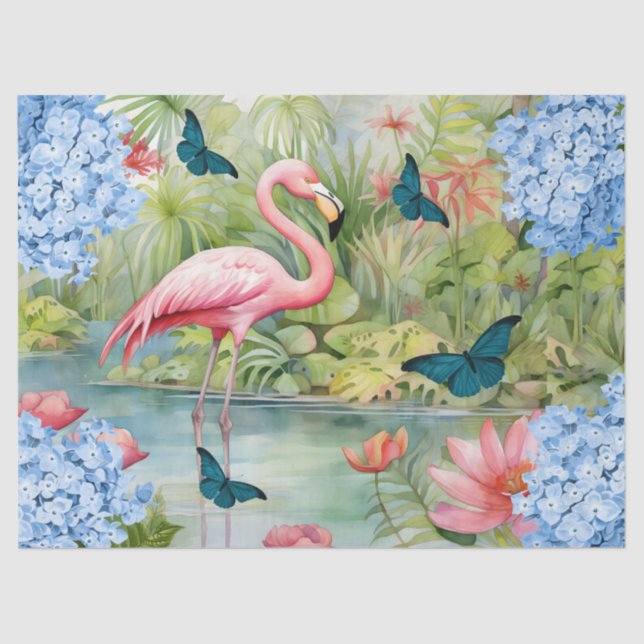 Tropical Watercolor Florals Flamingo & Butterflies Tissue Paper (Front)