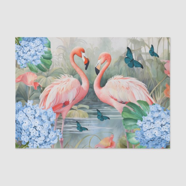 Tropical Watercolor Florals Flamingo & Butterflies Tissue Paper (Front)