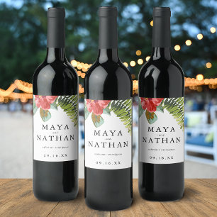 Tropical Watercolor Flower Greenery Personalised Wine Label