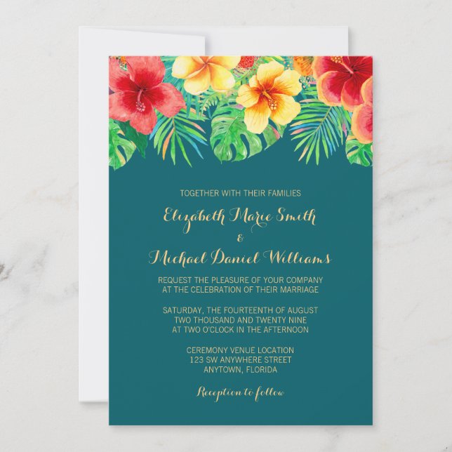 Tropical Watercolor Flower Wedding Invitation (Front)
