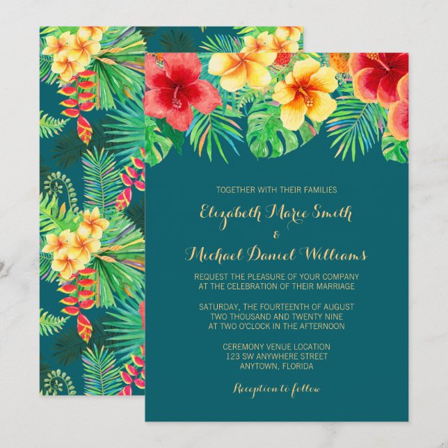 Tropical Watercolor Flower Wedding Invitation (Front/Back)