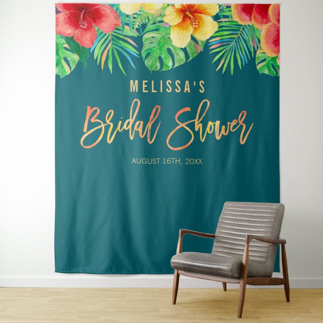 Tropical Watercolor Flowers Bridal Shower Backdrop Tapestry (In Situ)