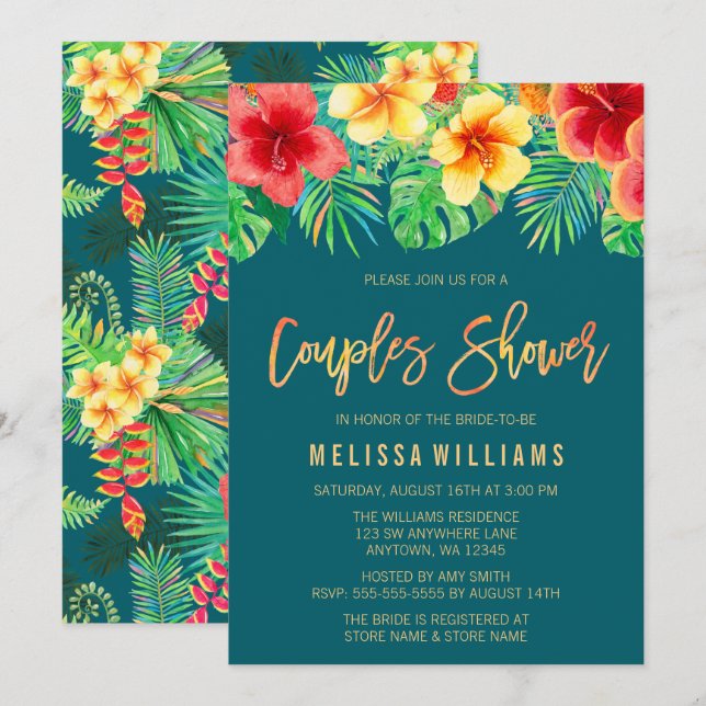 Tropical Watercolor Flowers Couples Shower Invitation (Front/Back)