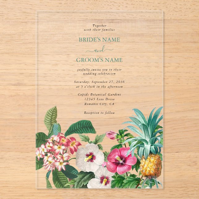 Tropical Watercolor Flowers & Greenery Wedding Acrylic Invitations (Front)