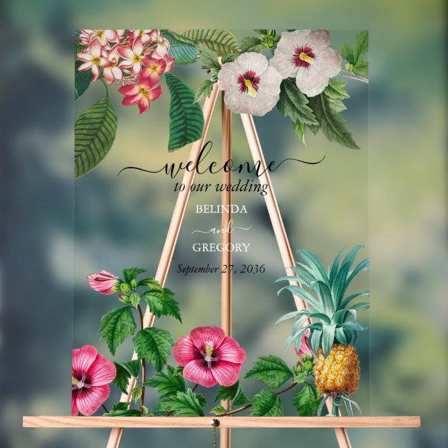 Tropical Watercolor Flowers & Greenery Wedding Acrylic Sign (Neutral)