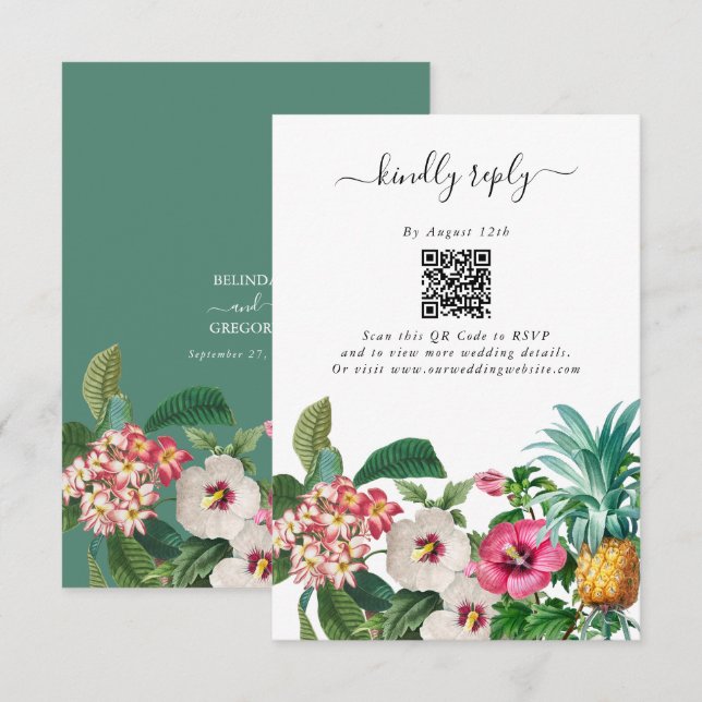 Tropical Watercolor Flowers & Greenery Wedding Enclosure Card (Front/Back)