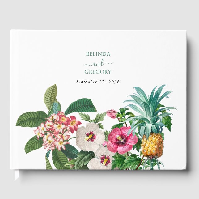 Tropical Watercolor Flowers & Greenery Wedding  Guest Book (Front)