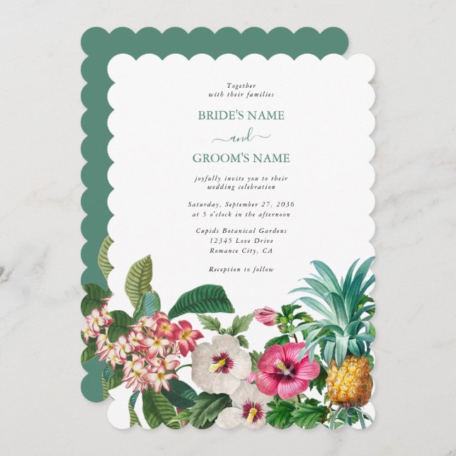 Tropical Watercolor Flowers & Greenery Wedding Invitation (Front/Back)