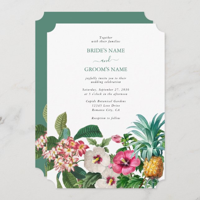 Tropical Watercolor Flowers & Greenery Wedding Invitation (Front/Back)