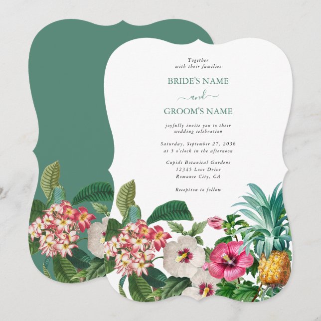 Tropical Watercolor Flowers & Greenery Wedding Invitation (Front/Back)