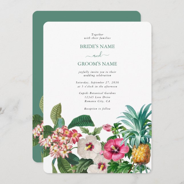 Tropical Watercolor Flowers & Greenery Wedding Invitation (Front/Back)